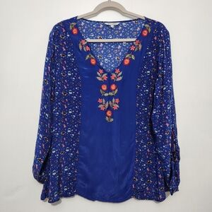Benares Large Chiffon Floral Blouse Embroidered Neckline Boho Art To Wear 25" L